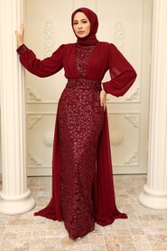  Stylish Claret Red Hijab Wedding Gown 22071BR - 2