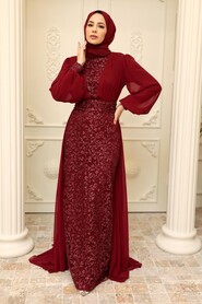  Stylish Claret Red Hijab Wedding Gown 22071BR - 1
