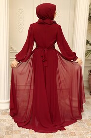  Stylish Claret Red Hijab Wedding Gown 22071BR - 3