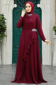  Stylish Claret Red Islamic Evening Dress 25850BR - 1