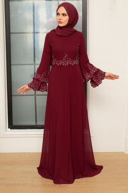 Stylish Claret Red Islamic Evening Dress 9181BR - NEVA STYLE