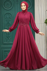  Stylish Claret Red Islamic Evening Gown 3435BR - 1
