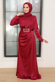  Stylish Claret Red Islamic Long Sleeve Maxi Dress 3606BR - 2