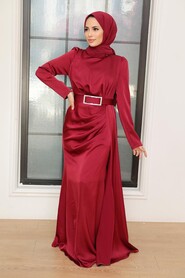  Stylish Claret Red Islamic Long Sleeve Maxi Dress 3606BR - 1