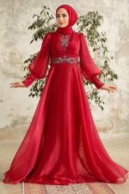  Stylish Claret Red Modest Islamic Clothing Prom Dress 3753BR - 2