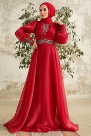  Stylish Claret Red Modest Islamic Clothing Prom Dress 3753BR - 1