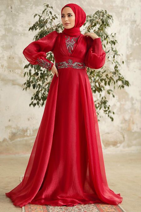 Stylish Claret Red Modest Islamic Clothing Prom Dress 3753BR