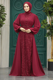 Stylish Claret Red Muslim Long Sleeve Dress 22072BR - 2