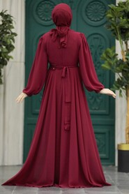  Stylish Claret Red Muslim Long Sleeve Dress 22072BR - 3