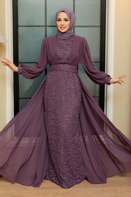  Stylish Dark Lila Hijab Wedding Gown 22071KLILA - 1