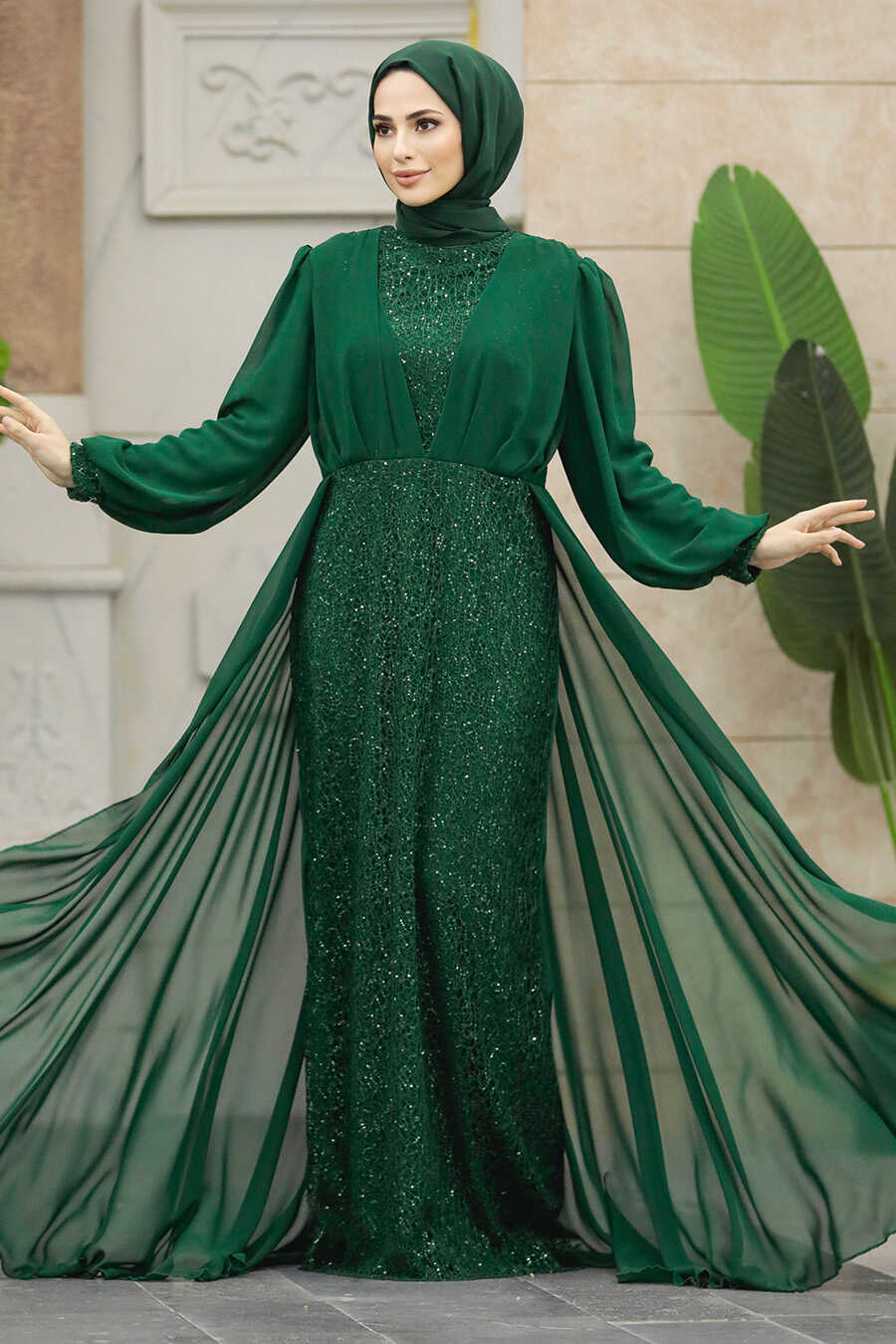 Neva Style - Stylish Emerald Green Muslim Long Sleeve Dress 22072ZY