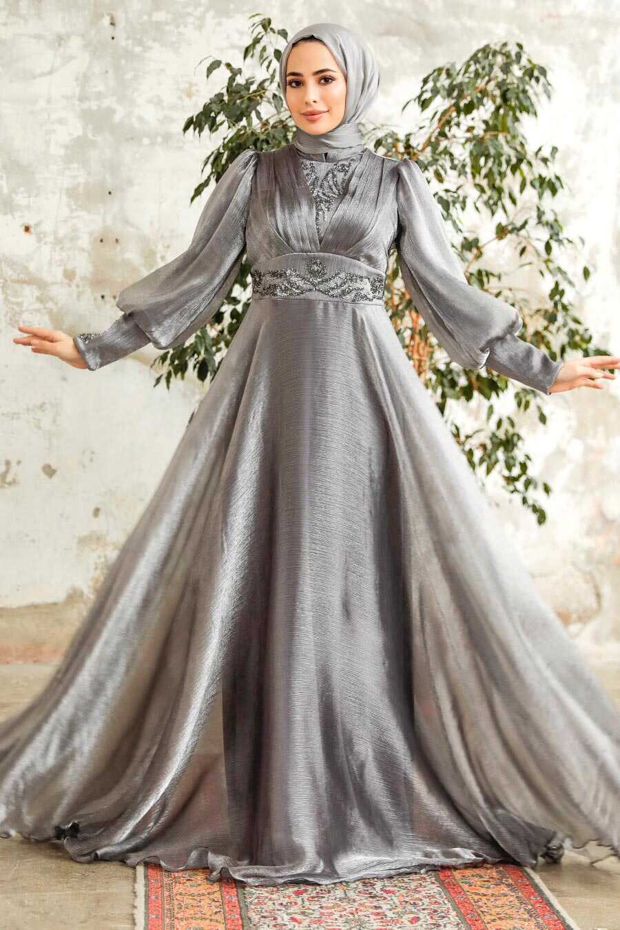 Stylish Grey Modest Islamic Clothing Prom Dress 3753GR
