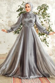  Stylish Grey Modest Islamic Clothing Prom Dress 3753GR - 1