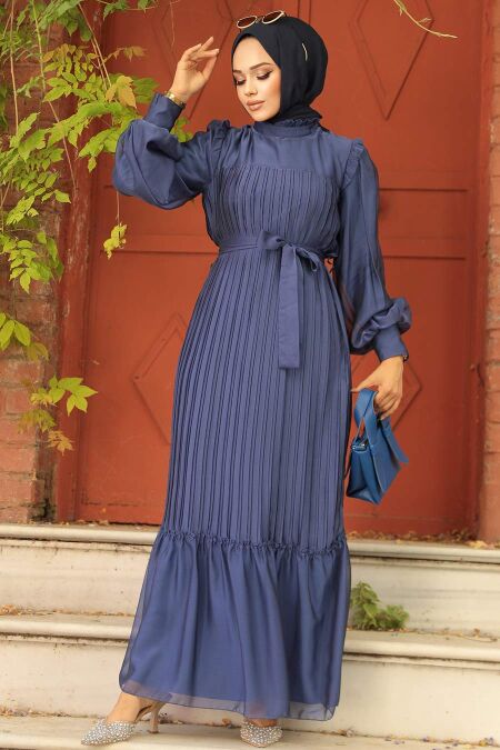  Stylish İndigo Blue Islamic Clothing Engagement Dress 39651IM - NEVA STYLE