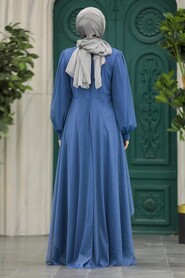  Stylish İndigo Blue Islamic Clothing Evening Dress 22123IM - 2