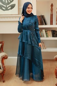  Stylish İndigo Blue Islamic Engagement Dress 25825IM - 3
