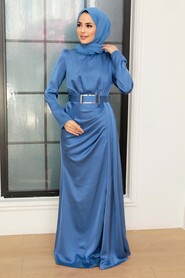  Stylish İndigo Blue Islamic Long Sleeve Maxi Dress 3606IM - 2
