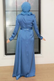  Stylish İndigo Blue Islamic Long Sleeve Maxi Dress 3606IM - 3
