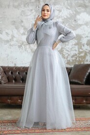  Stylish Grey Islamic Long Sleeve Maxi Dress 3871GR - 1