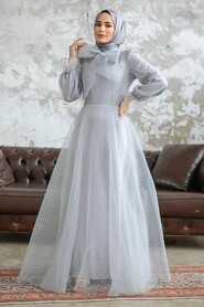  Stylish Grey Islamic Long Sleeve Maxi Dress 3871GR - 2