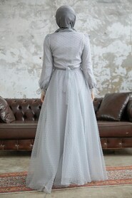  Stylish Grey Islamic Long Sleeve Maxi Dress 3871GR - 3