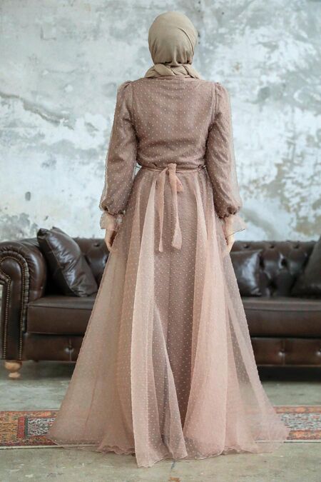 Stylish Mink Islamic Long Sleeve Maxi Dress 3871V - Neva-style.com