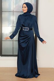  Stylish Navy Blue Islamic Long Sleeve Maxi Dress 3606L - 2