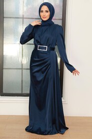  Stylish Navy Blue Islamic Long Sleeve Maxi Dress 3606L - 1
