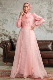  Stylish Powder Pink Islamic Long Sleeve Maxi Dress 3871PD - 1