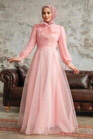  Stylish Powder Pink Islamic Long Sleeve Maxi Dress 3871PD - 2