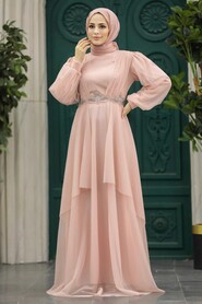 Neva Style - Stylish Salmon Pink Islamic Clothing Evening Dress 22123SMN - Thumbnail