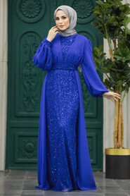  Stylish Sax Blue Muslim Long Sleeve Dress 22072SX - 2