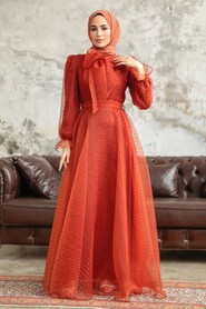  Stylish Terra Cotta Islamic Long Sleeve Maxi Dress 3871KRMT - 1
