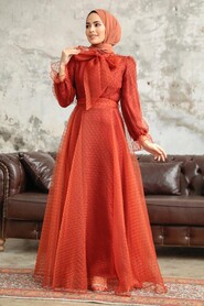  Stylish Terra Cotta Islamic Long Sleeve Maxi Dress 3871KRMT - 2