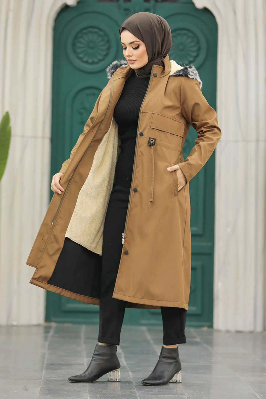 Neva Style - Sunuff Colored Plus Size Parka Coat 60652TB