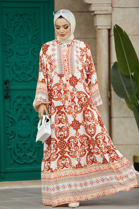  Terra Cotta Long Muslim Dress 51951KRMT - NEVA STYLE