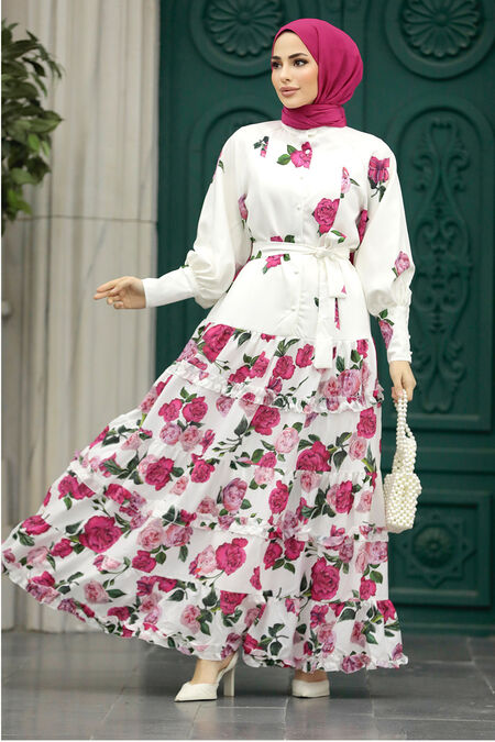  White Hijab Turkish Dress 22356B - NEVA STYLE