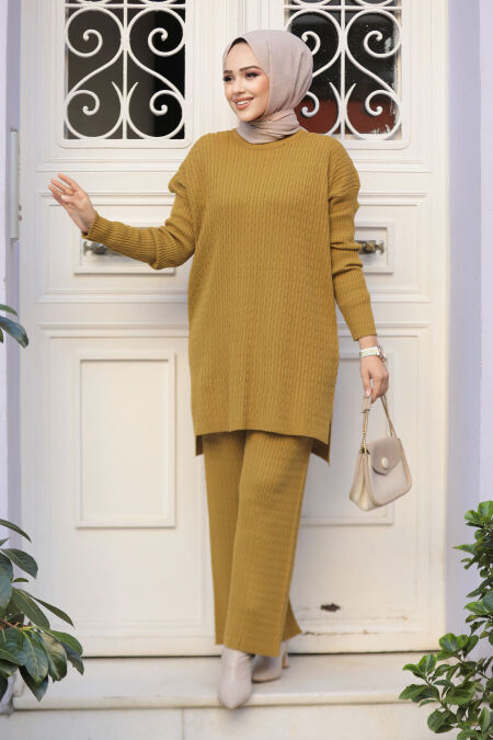 Oil Green Knitwear Muslim Dual Suit 33450YY - NEVA STYLE