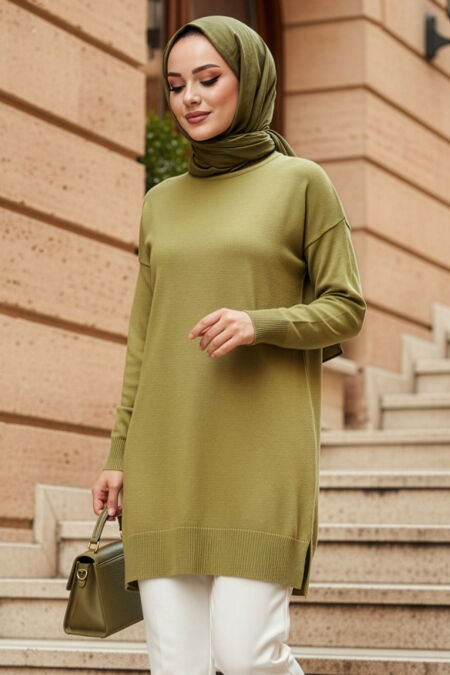 Oil Green Modest Knit Sweater Tunic 17203YY - 