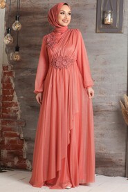 Orange Hijab Evening Dress 3498T - 1