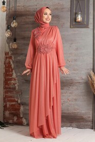 Orange Hijab Evening Dress 3498T - 2