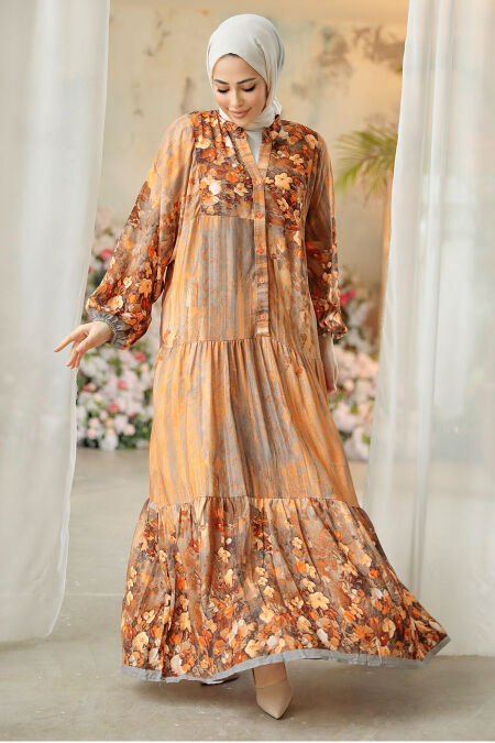 Orange Modest Floral Long Dress 18235T - NEVA STYLE