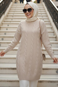 Knit Detailed Beige Modest Knit Sweater 60051BEJ - 2