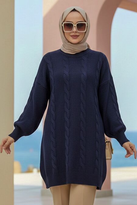 Knit Detailed Dark Navy Blue Modest Knit Sweater 60051KL - 