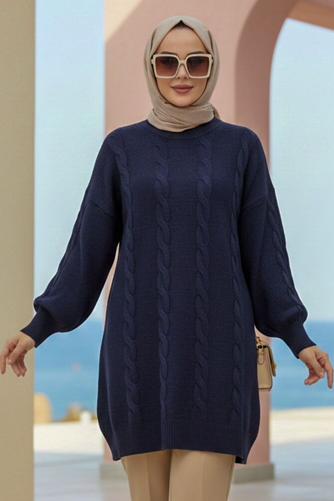 Knit Detailed Dark Navy Blue Modest Knit Sweater 60051KL - 