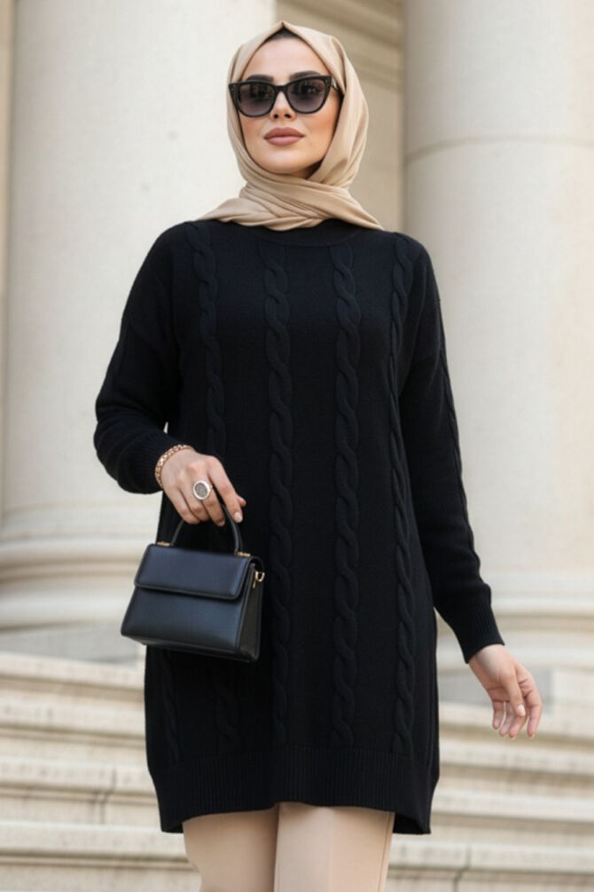 Knit Detailed Black Modest Knit Sweater 60051S - 