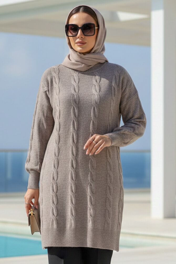 Knit Detailed Mink Modest Knit Sweater 60051V - 