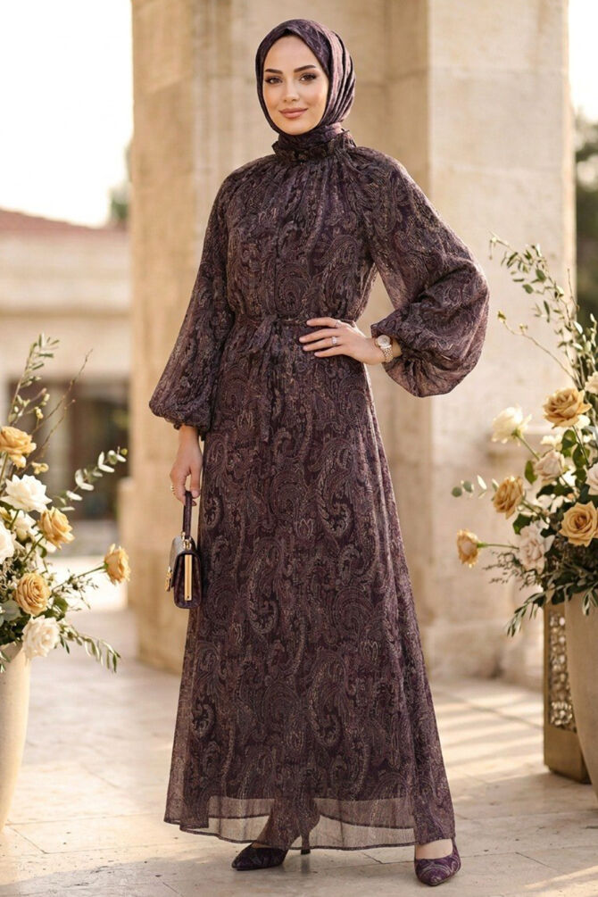 Paisley Patterned Ruching Collar Belted Chiffon Black Modest Dress 82901S - 