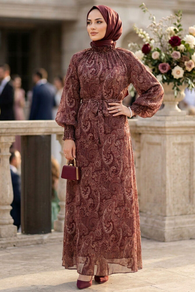 Paisley Patterned Ruching Collar Belted Chiffon Brown Modest Dress 82901KH - 