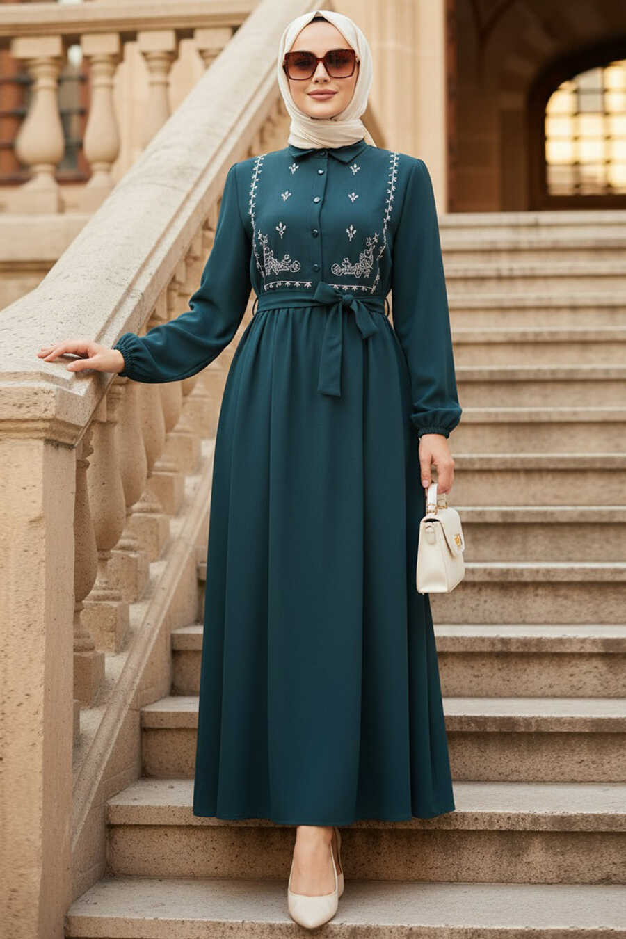 Pattern Detailed Emerald Green Modest Dress 10304ZY - Neva-style.com